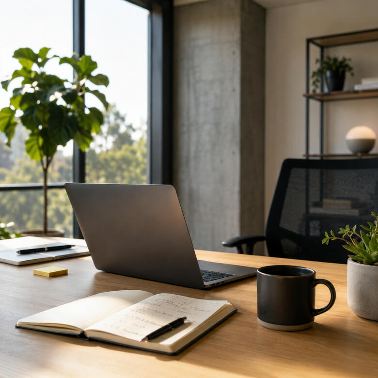 Modern founder workspace with laptop, notebook, and natural light