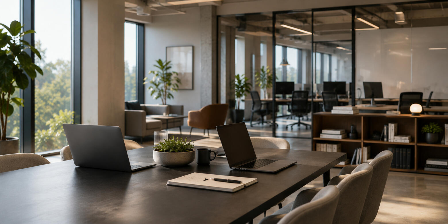 Modern San Francisco startup workspace with laptops, glass offices, and natural light