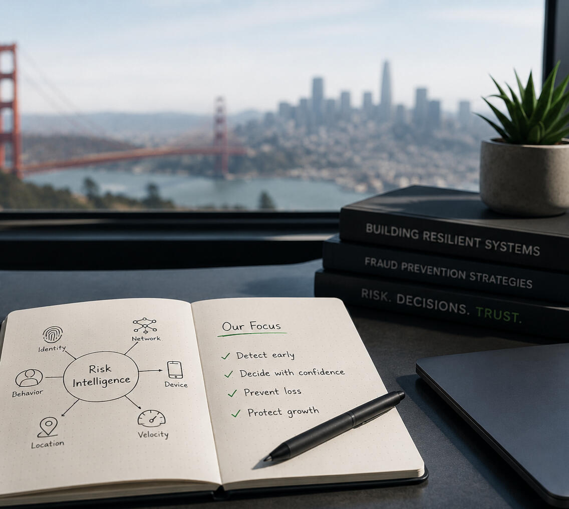 Risk intelligence strategy notebook with fraud prevention signals and San Francisco tech workspace
